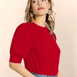dream beauty fashion Casual Puff Sleeves Solid Women Red Top image 3