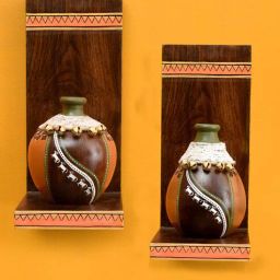 Madhubani (Set of 4) Wood & Terracotta Wall Shelf with Vase by Aakriti Art Creations-picture-41
