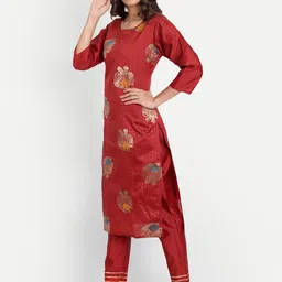 VredeVogel Women Maroon Floral Striped Kurti with Trousers & Dupatta image 5