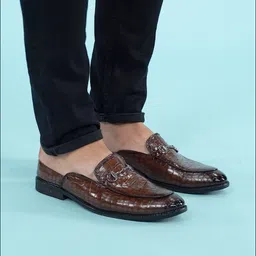 fausto Embossed Leopard Print Design Ethnic Party Back Open Slip On Shoes Mojaris For Men image 1