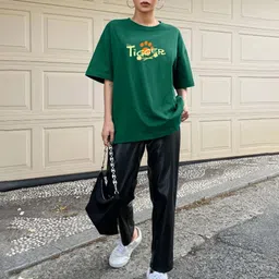 juneberry Women Printed, Typography Round Neck Pure Cotton Dark Green T-Shirt image 4