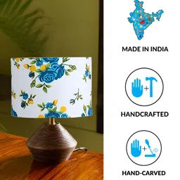 Devansh White & Blue Wooden Contemporary Cylindrical Shaped Table Lamp image 5