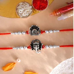 Religious 24-3757-SLVR-SET-2-ALWR-GNSH-S, Rakhi for brother Silver Rakhi, Greeting Card, Chawal Roli Pack Set-image-8