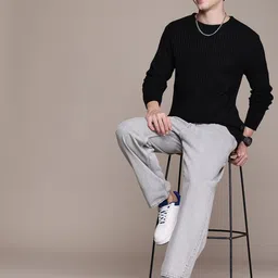 wrogn Men Self Design Round Neck Black Sweater image 3