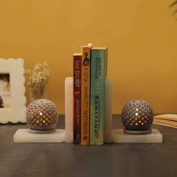 katkaria creations Jali Set Of 2 White Soapstone & Marble Bookends image 1