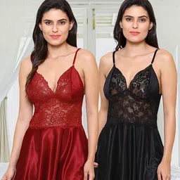 sprintx Women Night Suit Set Maroon, Black Self Design-picture-24