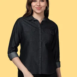 Women Regular Fit Solid Cut Away Collar Casual Shirt-image-99