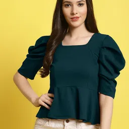 fabflee Casual Puff Sleeves Solid Women Dark Green Top image 1