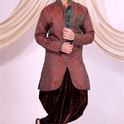 Pooja Ethnic Pooja Ethnic Men's Maroon Silk Indo Western with Dhoti PE9057 Embellished Sherwani image 2
