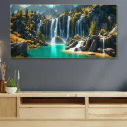 nestroots Gold Canvas Framed Lush Green Waterfall in Forest Wall Painting(18X36 Inch)-picture-26
