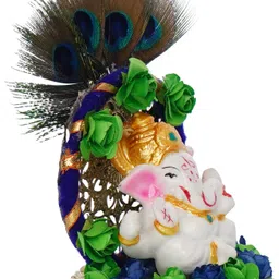 ecraftindia Lord Ganesha Idol on Handcrafted Floral Plate with Peocock Feather Decorative Showpiece - 13 cm image 5