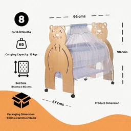 kiddery Bamboo | Wooden Cradle | Mosquito Protection Net | Wheel Lock | Boys | 0-8months image 4