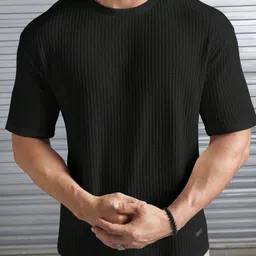 imsa moda Oversized Men Self Design Crew Neck Polycotton Black T-Shirt image 4