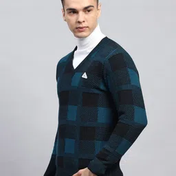 monte carlo Men Checkered V Neck Blue Sweater image 2