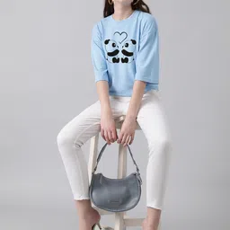 kotty Women Printed Round Neck Cotton Blend Blue T-Shirt image 4