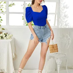 dream beauty fashion Casual Puff Sleeves Solid Women Dark Blue Top image 5