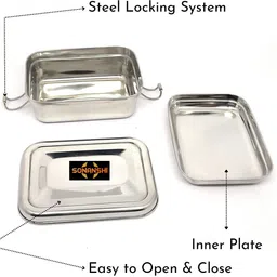 sonanshi Stainless Steel Lunch Box for School/Office Square Tiffin Box with Locking Clip 2 Containers Lunch Box image 2