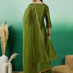 Sangria Olive Green Floral Embroidered Notch Neck Straight Kurta With Trouser & Dupatta image 2
