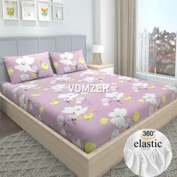 vomzer Cotton Double Fitted (Elastic) 280 TC Floral Bedsheet image 2
