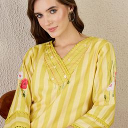 Indo Era Striped V-Neck Linen Straight Kurta With Trouser-picture-11