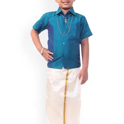 Thangamagan Boys Teal Blue & White Solid Shirt and Veshti-picture-43