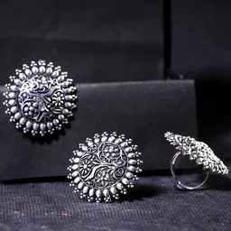 Yellow Chimes Silver Oxidised Artistic Crafted Traditional Stud Earrings With Ring-picture-42