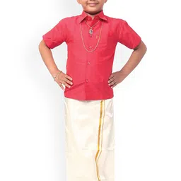 Thala-thalapathy Boys Red & Off-White Solid Shirt with Veshti & Towel With Gift Set-picture-58