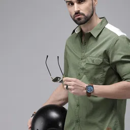 Roadster Men Olive Green & White Colourblocked Sustainable Casual Shirt-image-87