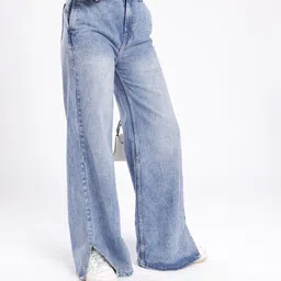 glitchez Women Edgy Cool Wide Leg Heavy Fade Jeans With Slits-image-80