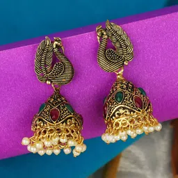 ANIKAS CREATION Gold-Plated Pearl Peacock Shaped Jhumkas-picture-32