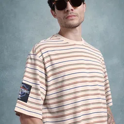 The Roadster Life Co. Striped Drop-Shoulder Sleeves Relaxed T-shirt-image-96