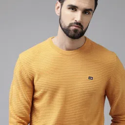 Arrow Men Yellow Striped Self Design Acrylic Pullover-image-52