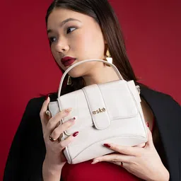 eske Women White Solid Flap Closure Adjustable Strap Leather Satchel Handbag-image-30