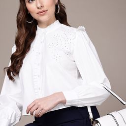 French Connection Floral Embroidered Band Collar Ruffles Pure Cotton Shirt Style Crop Top-picture-14