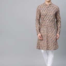 See Designs Men Beige & Blue Printed Kurta with Churidar-picture-3