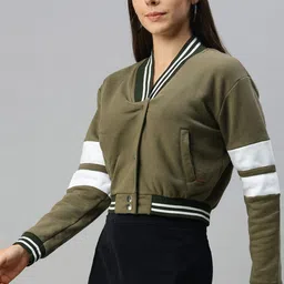 Campus Sutra Women Olive Green Solid Cropped Sweatshirt-picture-38