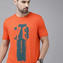 Roadster Men Orange & Teal Green Graphic & Brand Logo Printed Cotton T-shirt image 1