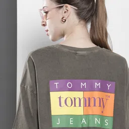 Tommy Hilfiger Brand Logo Printed Drop-Shoulder Pure Cotton Boxy Fit Crop T-shirt-image-44