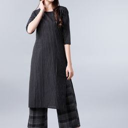 Vishudh Women Black & Off-White Striped Straight Kurta-picture-0