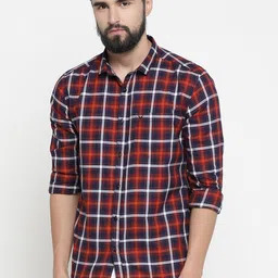 SHOWOFF Men Navy Blue & Orange Slim Fit Checked Casual Shirt-image-51