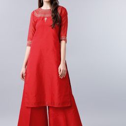 Vishudh Women Red Yoke Design A-Line Kurta-picture-30
