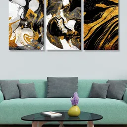 999Store Set Of 3 Black & Gold-Toned Abstract Printed Canvas Wall Art-image-94