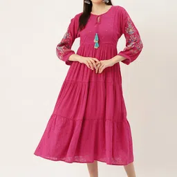 MISRI Floral Embroidered Tie-Up Neck Puff Sleeve A-Line Midi Dress-picture-41