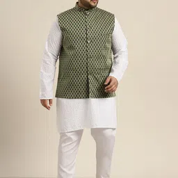 SOJANYA PLUS Plus Size Men White Cotton Kurta with Churidar & Nehru Jacket-picture-29