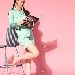 PANIT Women Blue  Geometric Slumber Together Satin Set Night Suit-image-12