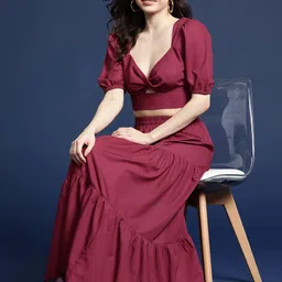 Mast & Harbour Sweetheart Neck Cut Out Detail Puff Sleeves Crop Top with Tiered Maxi Skirt-picture-12