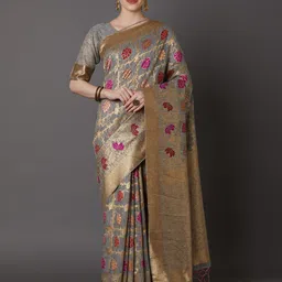 Mitera Grey Silk Blend Woven Design Kanjeevaram Saree-image-19