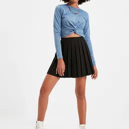 Trendyol Women Black Solid Pleated A-Line Skirt-picture-49