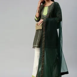 SheWill Women Green Bandhani Printed Panelled Gotta Patti Kurta with Palazzos & With Dupatta image 1
