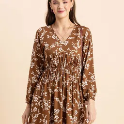 Moomaya Brown Floral Print Fit & Flare Dress-picture-20